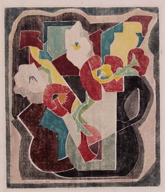 After beginning her four-decade residency in the art colony in 1915, West Virginia native Blanche Lazzell learned the white-line color woodcut method from B.J.O. Nordfeldt and the Provincetown Printers. As art curator Robert Bridges notes, this method "allowed Lazzell to simplify her subject matter and to work with flat planes, hard-edge geometry and color relationships, putting the emphasis on composition and color rather than carving techniques,†leading to memorable Modernist prints like "The White Petunia,†1932 (printed 1954). The Art Museum of West Virginia University.