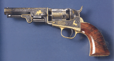 This gold-inlaid and relief engraved Colt Model 1849 revolver is one of 22 examples made around the time of the New York Crystal Palace Exhibition of 1853. Colt created the firearms for exhibitions and presentation pieces to give to European leaders such as Emperor Nicholas I of Russia, as well as dignitaries whose business he cultivated. The firearm sold to a collector for $1,142,500, an auction record for a firearm. 