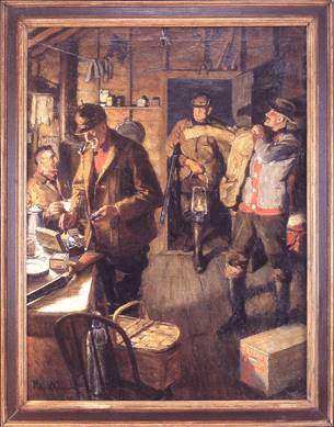 With great crossover appeal, an original oil on canvas by Philip R. Goodwin (American, 1882‱935) that had been commissioned in 1920 by ammo manufacturer Peters Cartridge Co of Cincinnati, Ohio, for use as a calendar sold for $54,625. "Hunters In A Cabin,†40 by 30 inches, was again in 1983 used as art for a Remington Arms retro-look calendar. 