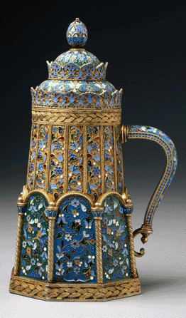 A silver gilt and plique-á-jour tankard, circa 1888‹6, from the Moscow workshop of Pavel Ovchinnikov. 