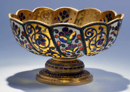An early Twentieth Century bowl worked alternately in opaque filigree enamel lobes from the Moscow firm of Antip Kuzmichev was meant to be sold through Tiffany & Co.
