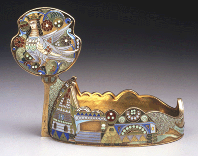 A silver gilt and filigree enamel kovsh from the house of Ivan Khlebnikov of Moscow. 