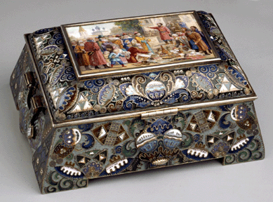 A casket from the workshop of Fedor Rückert for the Fabergé Moscow establishment is decorated with a scene from August 1612 during the Time of Troubles that led to the election of Michael Romanov as tsar.