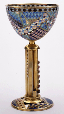 A handsome goblet by Latvian artist Valeri Timofeev was made with silver gilt, plique-à-jour, champlevé and en plein enamel, amethysts and pearls. 