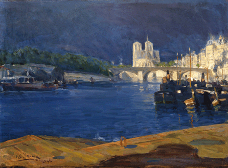 Likely influenced by fellow American expatriate James McNeill Whistler's celebrated nocturnes of London, Tanner created "View of The Seine, Looking toward Notre Dame†in 1896, a few years after arriving in Paris. It dramatically juxtaposes the brightly lit cathedral and adjacent structures against the deep blue river, dark boats and brown dock in the foreground. Michael Rosenfeld Gallery.