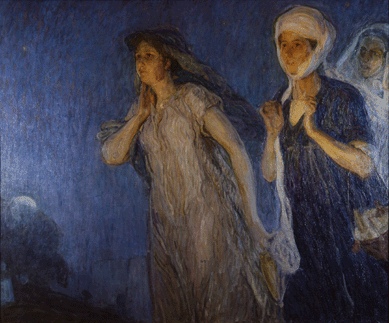 Tanner's penchant for keeping the extraordinary out of sight and focusing on the responses of his figures is exemplified by "The Three Marys,†1910, depicting the women arriving at Jesus's tomb only to find that the massive boulder at the entrance has been rolled away, and Christ has risen. Tanner created a "personal experiential moment for the viewer,†writes curator Anna Marley, in which his "manipulation of light and shadow emphasizes his figures' reactions to the events unfolding just outside the picture plane and draws the viewer into the action.†Fisk University Galleries.
