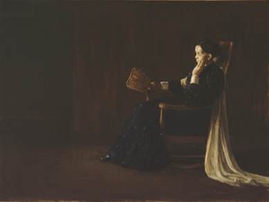 Tanner's affectionate and evocative "Portrait of the Artist's Mother,†1897, clearly modeled after James McNeill Whistler's famous likeness of his mother, is more realistic and relaxed. Tanner's sensitive, thoughtful parent is defined in profile, with a palm leaf fan in her right hand and her left hand pressed against her cheek. Dramatically lighted and solid, it is a moving image. Philadelphia Museum of Art. 