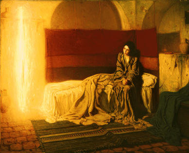 One of Tanner's most memorable works, "The Annunciation,†1898, captures the moment when Mary learns that she is to give birth to the Messiah. As religion historian Marcus Bruce points out, "Unlike more traditional depictions of the scene, in which Gabriel is shown as an enormous winged figure hovering before Mary, Tanner renders Gabriel as a brilliant burst of light, thereby redirecting the viewer's gaze to Mary and the moment of conception.†Philadelphia Museum of Art.