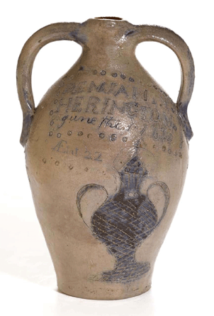 This rare and important double-handled stoneware jug with copious incise decoration is inscribed to Benjamin Herington, a potter who died June 1, 1823, by drowning in Norwich, Conn., harbor.