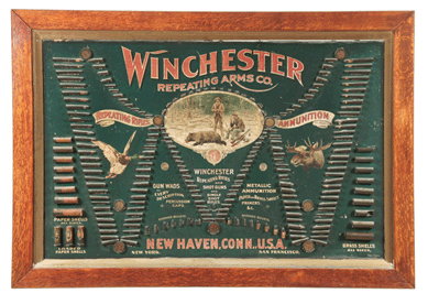The "Double-W†version of the Winchester Model 1897 cartridge board has 226 items affixed to it including 9 containers of caps, 20 shotgun shells and 197 rifle and revolver cartridges. Found in Medina, Ohio, and mounted in its original oak frame, the 40-by-57½-inch board almost doubled its low estimate, selling for $18,800.