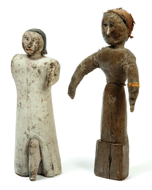 Every 3-year-old girl's wish for a doll may not have included it being fashioned from a wooden bed post, but this Nineteenth Century example, right, struck a chord with present-day collectors; it stunned the audience, selling for $11,750. The figure of a woman at left also brought competitive bidding and achieved $1,116.