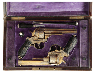 A rare, cased pair of Belgian pinfire revolvers once belonging to General Benjamin Brice (1809‱892) sold for $9,400.