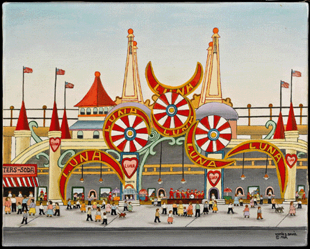 An oil on canvas view of Luna Park at Coney Island by Vestie Davis, circa 1964, captures the color, excitement and romance of the place, detailing the meeting of life and fantasy. ⁇avin Ashworth photo