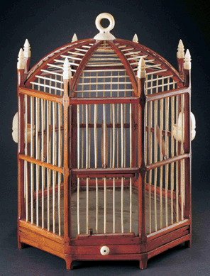 A fanciful birdcage by Nantucket mariner Joseph W. Clapp, circa 1860, of Peruvian mahogany and whalebone is a work of great skill. ⁊ohn Parnell photo