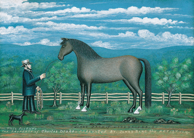 Celebrated for his portraits of steamboats, New York artist James Bard painted a tribute to Charles Drake and his Morgan horse Jack in 1871. Photo courtesy Sotheby's, New York City.