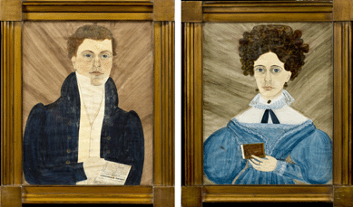 A pair of portraits drawn by Ruth Whittier Shute and painted in watercolor by her husband, Samuel Addison Shute, of Joseph Gilman Parker and Mary Todd Parker of Lowell, Mass. The paintings were made in 1832 with pencil and metallic paint. ⁇avin Ashworth photo