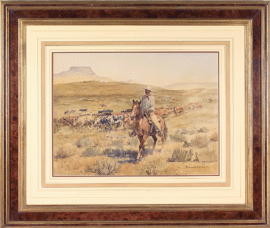 Edward Borein's (1872‱945) signed watercolor on paper was titled "The Long Drive.†It sold for $80,500.