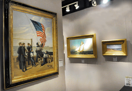 "Our Flag is There, Gunboats Blockade Mobile Bay, Alabama,†left, by Alfred Waud and illustrated on the cover of Harper's Weekly in 1864, was offered at $155,000 at Vallejo Gallery, Newport Beach, Calif. Also offered was Frank Sila's "Strolling along the Bluff at Long Beach,†$165,000, and a ship portrait by James Buttersworth.