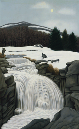The Aults regarded "Brook in the Mountains,†1945, depicting a small, cascading waterfall in Woodstock, as a symbol of their personal life together. "Painted in a deliberately naïve way in the manner of the American folk art pictures that Ault admired and sometimes emulated,†says curator Alexander Nemerov, "the fall is gushing and tearful but also tidy and composed †a form of crying without crying.†Minneapolis Institute of Arts.