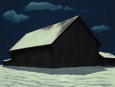 Considered by some his greatest painting, "January Full Moon,†1941, depicts a weather-beaten structure near Ault's home in a mysterious, moonlit, somewhat otherworldly image. The slope of the snowy roof, dramatic shadows in cloudlike snowdrifts and darkened sky evoke "a somber and ecstatic vision,†says curator Alexander Nemerov. It measures 20¼ by 26 3/8 inches. Nelson-Atkins Museum of Art.