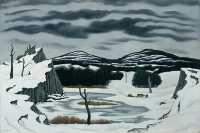 Ault applied a good deal of imagination to this approximation of the Catskills around Woodstock, working in glowering skies, a pond, live and dead trees, tufts of vegetation emerging from deep snow and a legendary area pioneer from the past moving through the cold, quiet land. "Festus Yayple and His Oxen,†1946, suggests the artist's affinity for working people and his pleasure in creating his own world in his art. Cleveland Museum of Art.