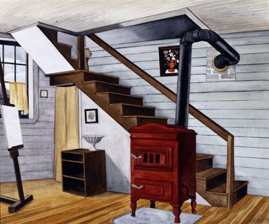 In a place that he could control, his modest house and especially its studio, Ault exercised his penchant for cleanliness and tidiness, making his workspace as neat as possible every morning before starting to paint. "Studio Interior,†1938, documents the orderly scene with the easel at the ready, an image that Hilton Kramer said demonstrated the artist's "genius for watercolor.†Smithsonian American Art Museum.