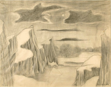 "Surreal Landscape,†a 1946 drawing, reflects Ault's late essays into dreamscapes. Here, snowcapped rock formations flank a deep recession into a nocturnal landscape punctuated with a tiny moon and menacing clouds. Shown in the "Ault on Paper†exhibition, this stylistic experiment is a graphite on tracing paper. The Nelson-Atkins Museum of Art, gift of Donald Lokuta.