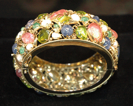 A sparkler at Brad Reh, Southampton, N.Y., was this 1940s tutti frutti bracelet composed of precious and semiprecious stones.