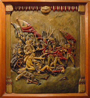 A very detailed and finely carved and painted scene of the Battle of Bunker Hill by R.K. Coort, circa 1951. This carving was bought from dealer Tim Hill, Birmingham, Mich., and took more than 600 hours to carve.