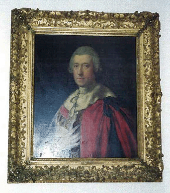 English oil portrait painting depicting a lord in red robe, gold leaf gilt frame, 40 by 60 inches.