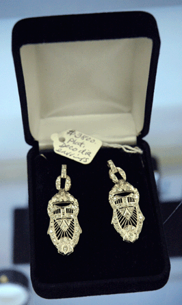 This pair of platinum and diamond Art Deco earrings, circa 1910′0, was available at Nutmeg Treasures, Northborough, Mass.