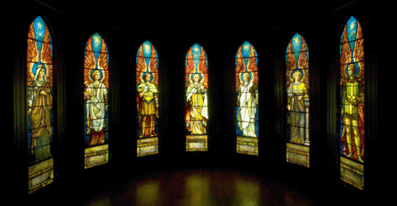 Seven Tiffany Studios windows depict angels representing the seven churches of the Book of Revelation. The windows spent more than half a century in storage until they were recently rediscovered and conserved.