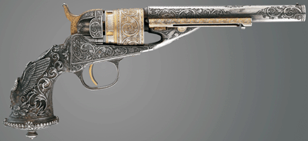 The 1872 Colt improved breech-loading police pistol with so-called Tiffany grips embellished with the Mexican Eagle and engraved by an unknown New York artisan. Many grips with lavish engraving are called Tiffany because of their similarity to Tiffany silver pieces of the time. Robert M. Lee Collection.