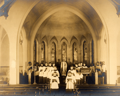 The interior of the Church of the New Jerusalem in Cincinnati with the Tiffany Studios Seven Angels windows in place †before the building was demolished in 1964 to make way for progress in the form of a highway.