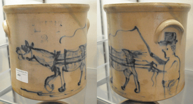 A straight-sided crock stamped Ottman Bros. Fort Edward, N.Y., was decorated with a plow horse depicted in cobalt across the front and the driver on the side. It sold to a buyer standing in the doorway in the rear of the gallery for $17,250.