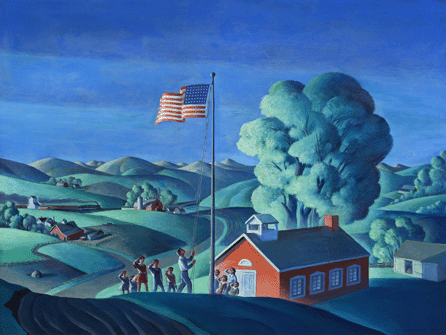 Nichols invoked a scene of bucolic patriotism and American values in "The Foundation,†1940, with students and teacher honoring their freedom as they salute the stars and stripes, surrounded by rolling hills dotted with red barns on farms. It is reminiscent of Rockwell Kent's painterly reactions to the outbreak of World War II. City of David City, Neb.