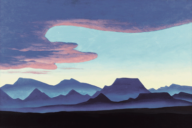 In this depiction of the dark blue, jagged peaks of an Arizona mountain range juxtaposed against the curvilinear shape of pink-purple clouds and pale blue sky, Nichols demonstrated his deft use of the light of setting sun to delineate shapes and colors. "Cardboard Mountains,†1944, an oil on canvas, measures 26 by 40 inches. Collection of Mr and Mrs Jack Tyrell.