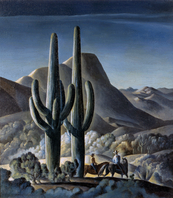 During his first year in Arizona, Nichols captured the giant cacti, low lying shrubbery and mountainous forms surrounding people on horseback in "Evening in the Foothills,†1940. This image reflected the artist's interest in the power of nature to transform human experience, and may also have been inspired by his friendship with talented artist couple Maynard Dixon and Edith Hamlin, with whom he painted in the Arizona countryside. Tucson Museum of Art.