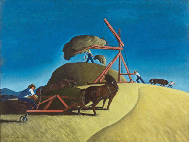 In painting the light-filled "While the Sun Shines,†1936, Nichols recalled the teamwork and camaraderie of Nebraska farmers hard at work in harvest season. Guenther notes that the "strong diagonally morphed men suggest perhaps an early inspiration from the stylized figures of Thomas Hart Benton.†It is 33 1/8 by 43¼ inches. Dayton Art Institute.