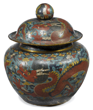 Chinese gilt bronze and cloisonné covered jar, Ming dynasty, heavy cast two-part covered jar, the twist enameled finial over domed cover enameled to show dragon among flaming pearls with wide edge, over conforming wide tapering base, heavily gilded interior, also showing red ground dragons on light blue ground, fully gilded flat base, 21½ by 16½ inches, sold for $1,538,500.