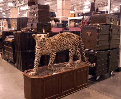 To get to the stacks of Louis Vuitton and other fine vintage luggage in the booth of Branded Luxury Unlimited, Philadelphia, one must pass by this wild jaguar, standing sentry.