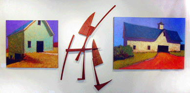 Peter Batchelder paintings from Powers Gallery, Acton, Mass., with "New Arc,†a cherry and mahogany piece by Boston-area sculptor Patrick Pierce.