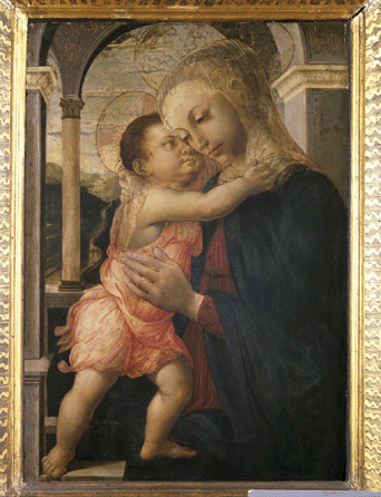 Alessandro Di Mariano Filipepi, called Sandro Botticelli (1445‱510) (and restorer from Nineteenth Century), "Madonna with Child (Madonna della loggia),†circa 1466‱467, oil on panel, 17 1/3  by 12 1/8 inches. Collection of the Uffizi Gallery, Florence, Italy. 