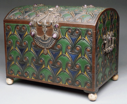 Zimmermann's Egyptian box is similar to a painted chest from the tomb of Tutankhamen, circa 1360 BC, but she made it before the tomb was discovered in 1922. It is painted and decorated with ivory, bronze, amethyst and semiprecious stones. The Metropolitan Museum of Art, gift of Jacqueline Loewe Fowler.