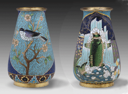 An example of Asian-inspired cross-culturalism is this pair of circa 1875 enameled and gilded brass vases by Elkington & Co., England. They were shown at the 1876 Centennial International Exhibition in Philadelphia. Each stands 6¾ inches tall with a 4¼-inch diameter. The Nelson-Atkins Museum of Art, purchase: the Lillian M. Dively Fund. 