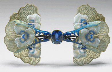 A jewelry standout is René Jules Lalique's brooch, circa 1903. Made of gold, glass, enamel and sapphire, the brooch measures 3¼ by 5¼ inches. The Walters Art Museum, Baltimore, acquired by Henry Walters, 1904. Exhibited at the 1900 Paris Exposition Universelle.