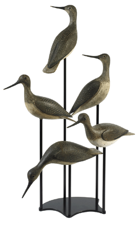 Rig of five Greater Yellowlegs decoys, possibly by John Thomas Wilson, Ipswich, Mass. (1863‱940). Private collection.