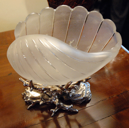 This glass and silverplate seashell on a coral base, circa 1870, was made by Elkington & Co. and displayed by C.M. Leonard Antiques, South Salem, N.Y.