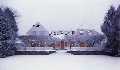 Hoover Hall in January 2004 after the fire and a snowstorm.