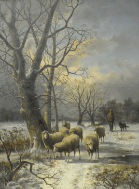 Alexis De Leeuw's oil titled "Herding Sheep in Winter†did well, selling at $4,887.